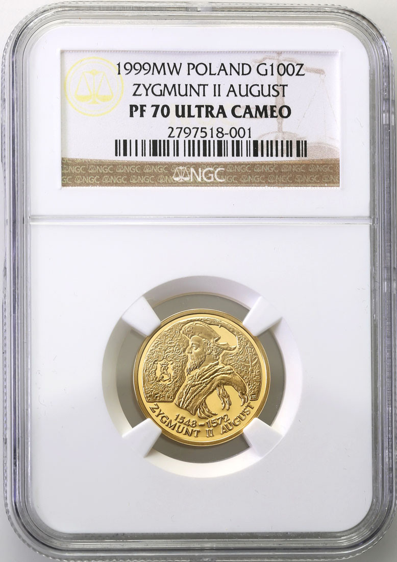 III RP. 100 złotych 1999 Zygmunt II August NGC PF70 ULTRA CAMEO (MAX)